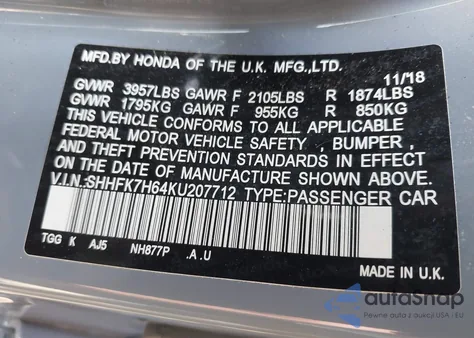 2019 Honda Civic Ex from USA, damaged, VIN SHHFK7H64KU207712